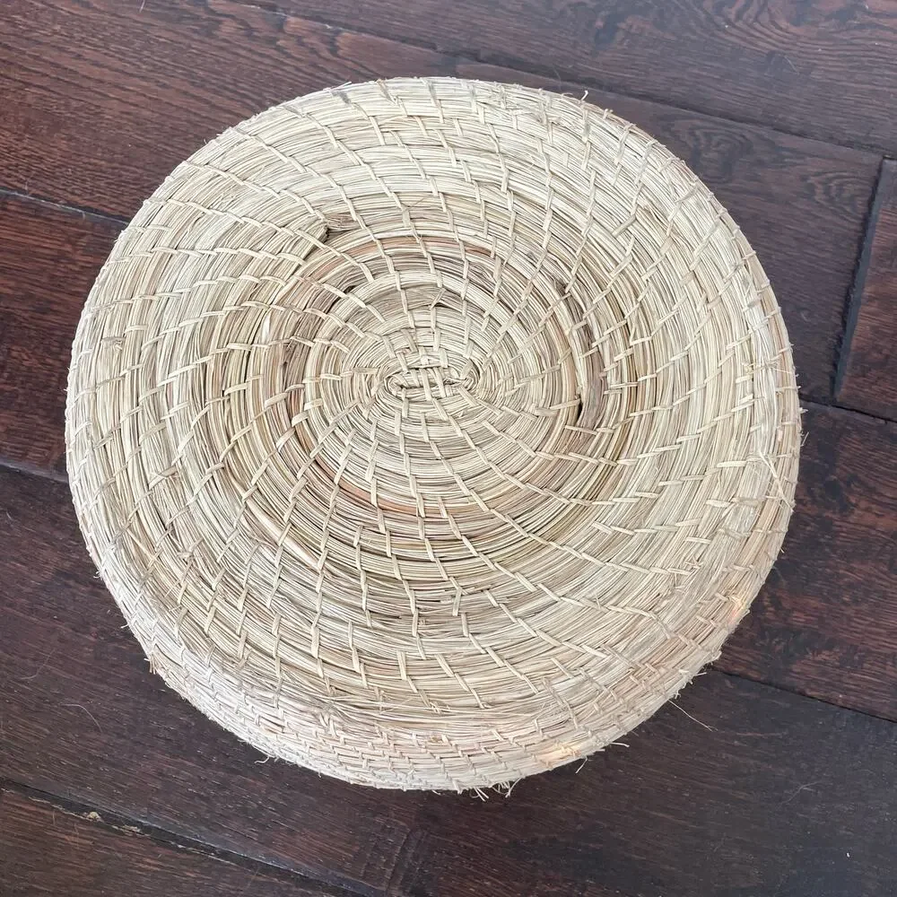 Vintage Straw Basket Raffia Flowers Covered Dome Lid Large Sewing Boho Grandma
